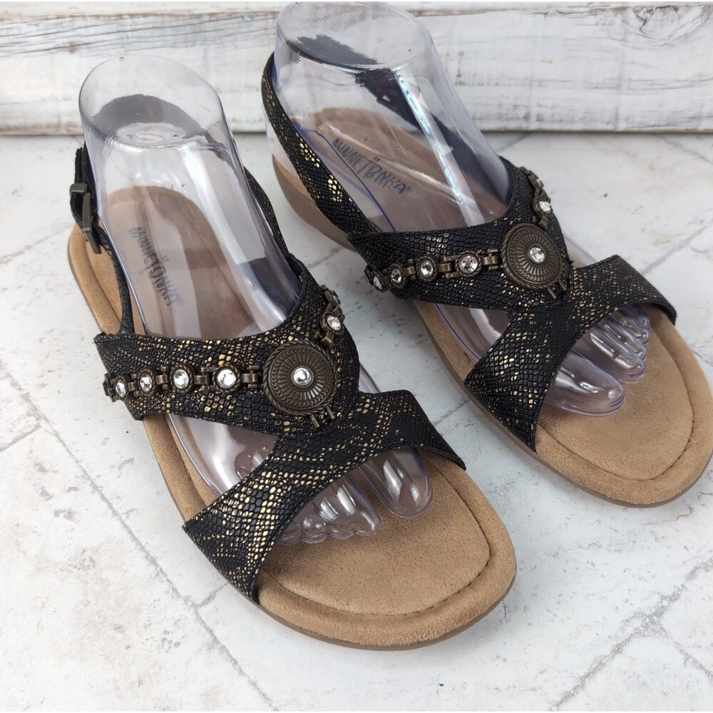 Minnetonka Selene Slingback Sandals Black Gold Medallion Embellished Size 9M